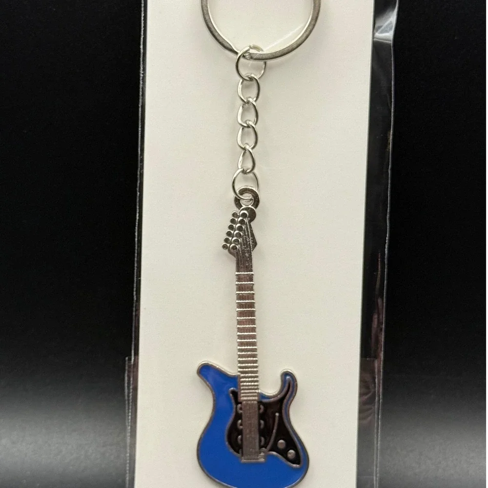 Electric Guitar Keychain Blue Silver Metal‎ Musical Instrument Key Ring Charm